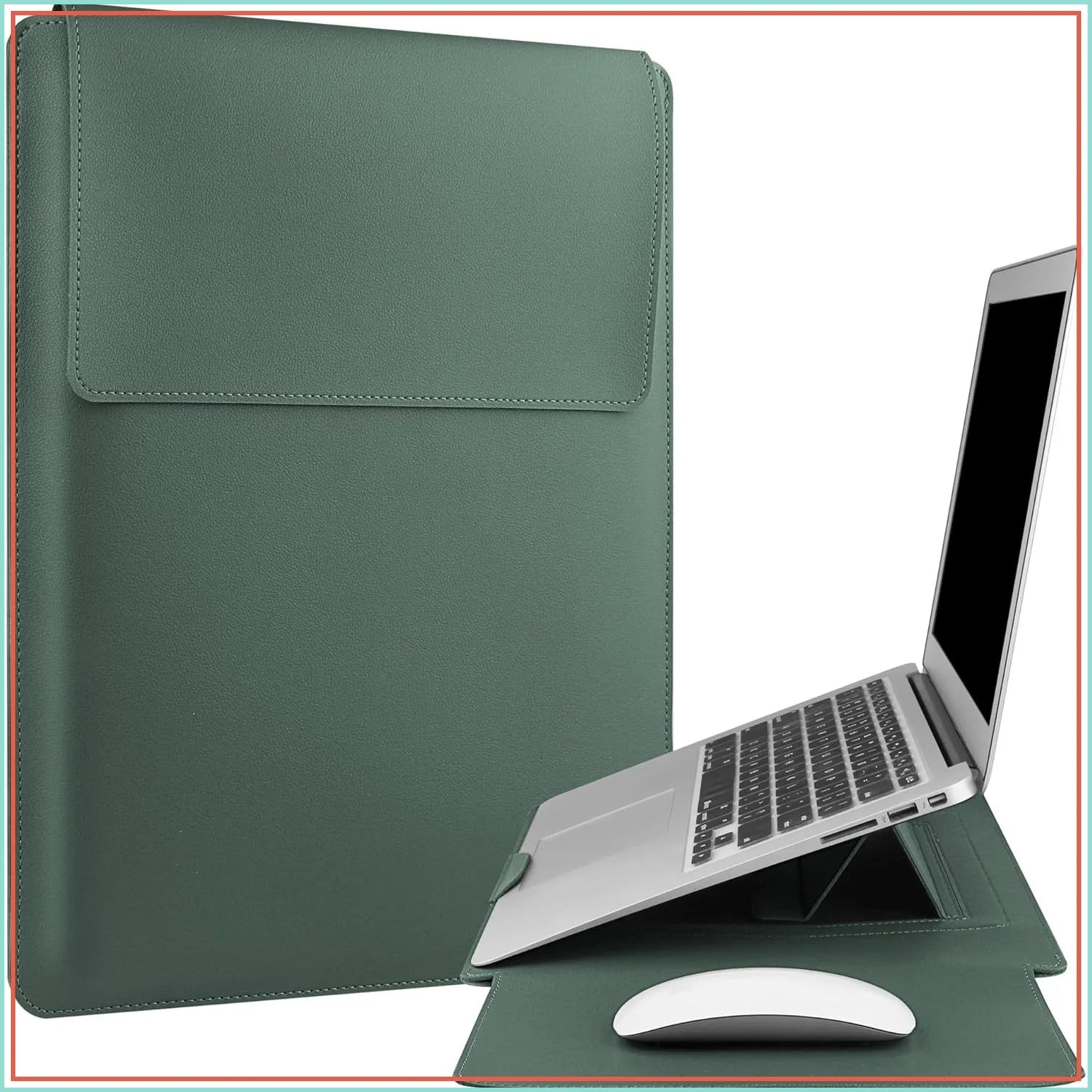 13-14" Laptop Sleeve Case with Adjustable Stand, Waterproof Leather, Green-7