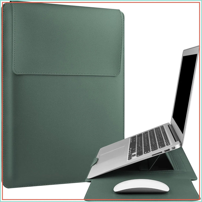 13-14" Laptop Sleeve Case with Adjustable Stand, Waterproof Leather, Green-7