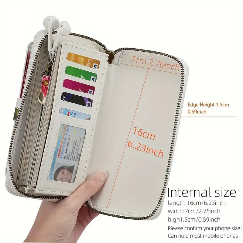 Elegant Floral PU Leather Clutch Wallets for Women- Zipper Handbag Fashion Large Capacity Long Wallet Clutch Bag Phone Bag Multi-card Card Holder Coin Purse for Women Wallet Set Includes bow accessory-4