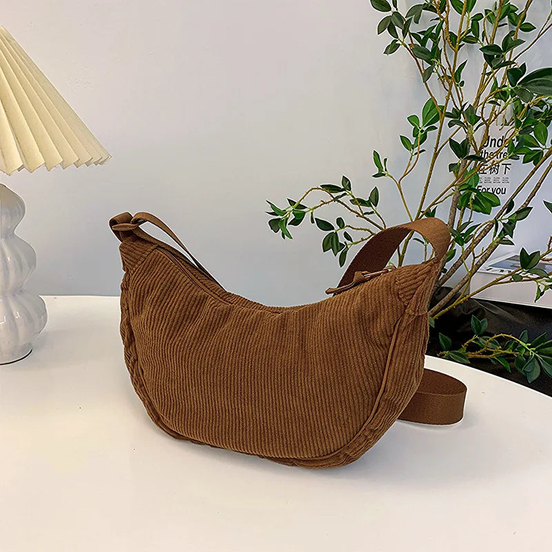 Solid Color Corduroy Women's Hobos Shoulder Bag Retro Casual Female Crossbody Bags Ladies Daily Travel Handbags Messenger Bag-44