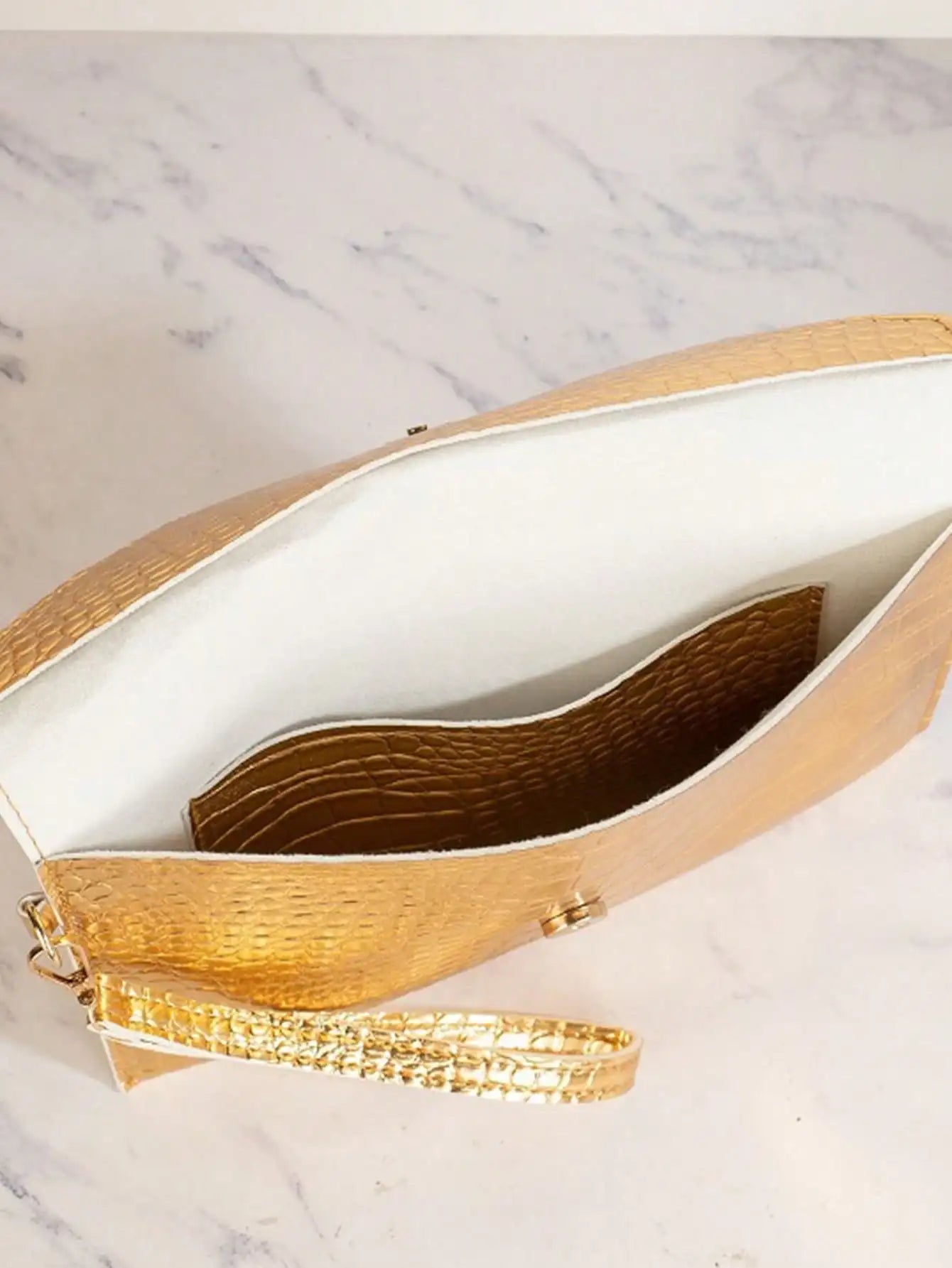 Gold Crocodile Texture Envelope Clutch for Women, Shiny Metal Bar Shoulder Strap, Fits Phones & Coins, Great for Dates, Commutes, Beach, Weddings & Parties-6