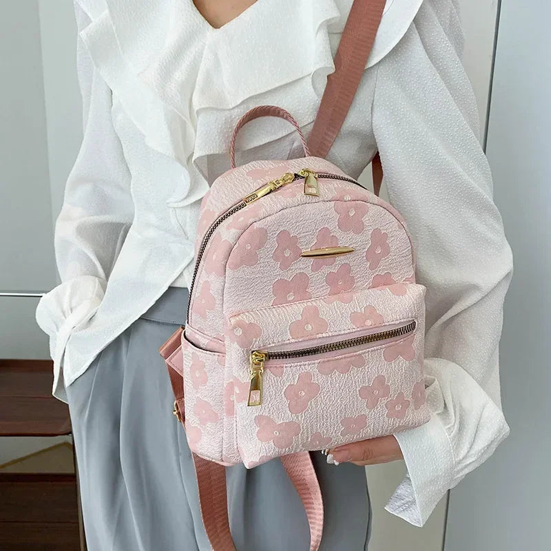 Floral Mini PU Backpack Small Capacity Multi Function PU Leather Double Shoulder School Travel Young Ladies Soft Sweet Bag-18