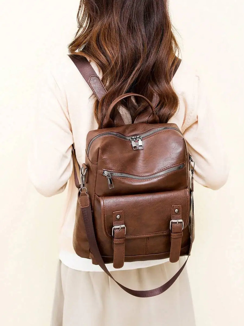 Womens PU Leather Backpack Multi-Functional Waterproof Compact Bag For Work Travel-3