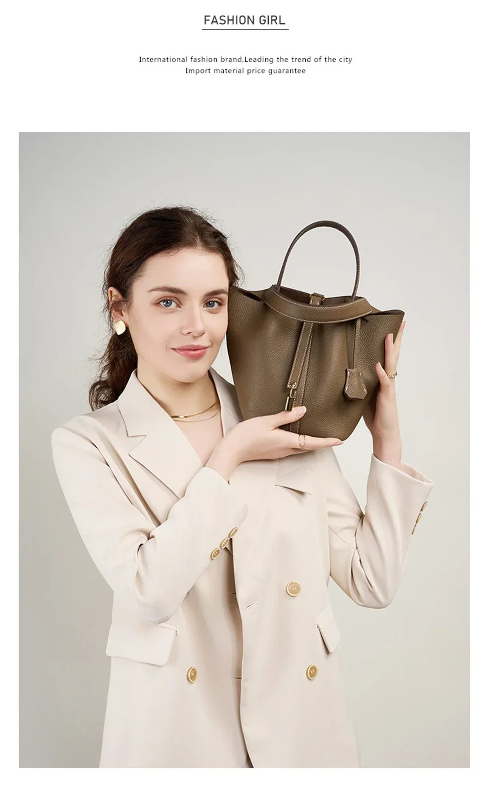 2025 Casual Fashion Female Genuine Leather Bucket Bag Luxury Handbag High-End Tote Bag Woman Cow Leather Mommy Bag & Metal Lock-22