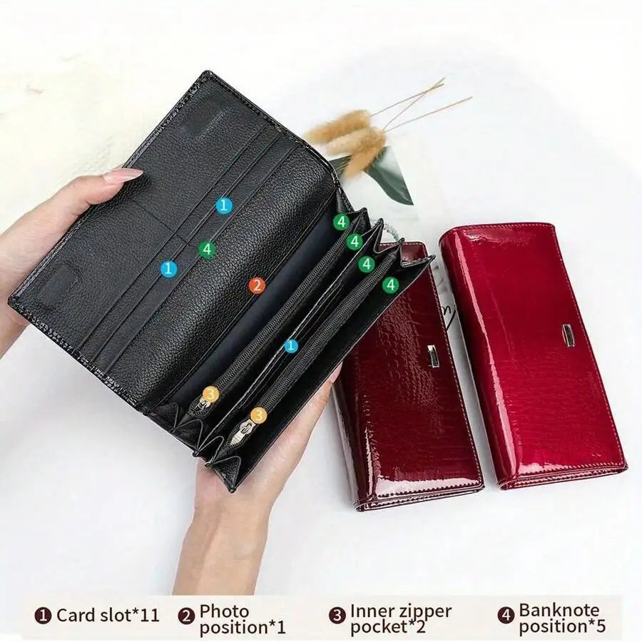 New Shiny Leather Cowhide Wallet Women's Long Leather Money Clip Bag, Evening Bag-3