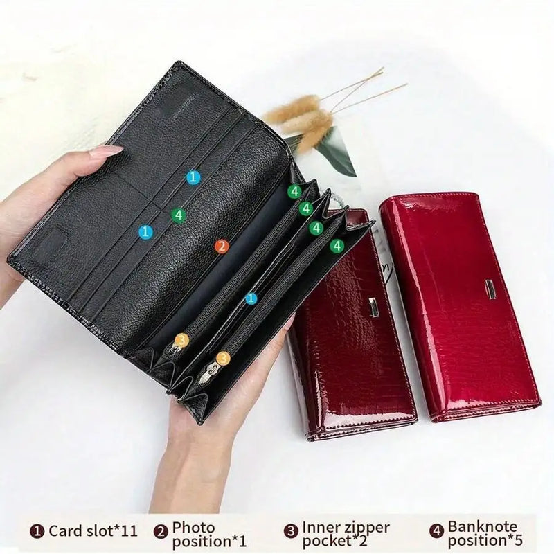 New Shiny Leather Cowhide Wallet Women's Long Leather Money Clip Bag, Evening Bag-3