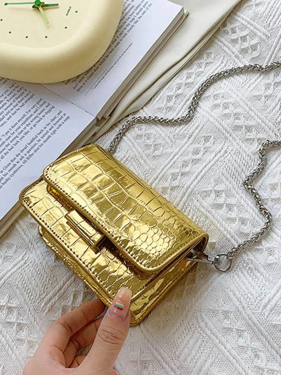 Mini Square Croc-Embossed PU Leather Crossbody Bag With Metal Chain Strap Flap Closure For Women