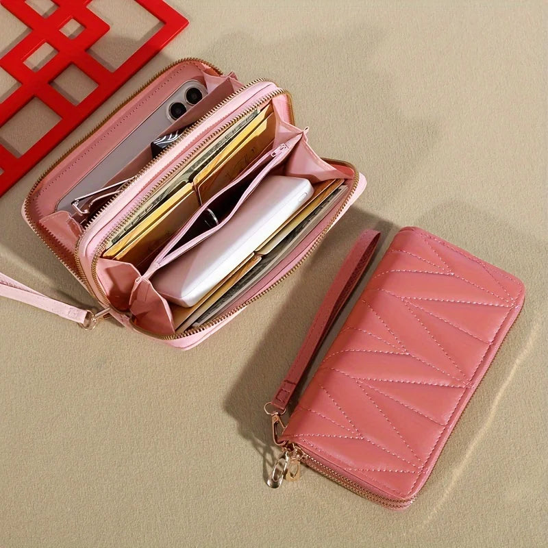 Classic Ladies Double Zip Long Wallet, Casual Style, Faux Leather, Card Holder and Change Bag, Nylon Lined, Zip Pocket-13