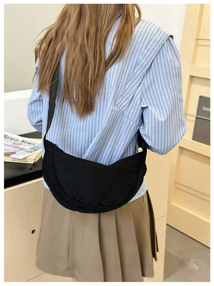 Solid Color Corduroy Women's Hobos Shoulder Bag Retro Casual Female Crossbody Bags Ladies Daily Travel Handbags Messenger Bag-36
