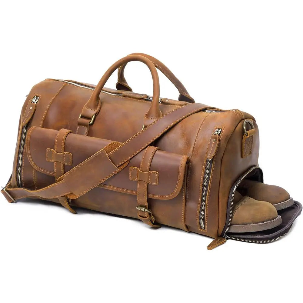 Light Brown Genuine Leather Weekender Bag for Men: Travel & Gym Duffle-1