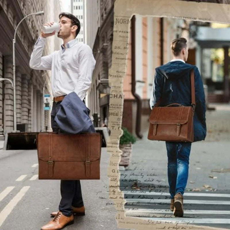 Messenger Bag for Men Vintage Leather Waterproof Laptop Briefcase Large Computer Laptop Bag Leather Satchel Bag Retro Shoulder-2