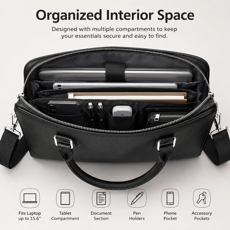 Classic Mens Top Handle Bags Luxury Business Black Briefcase for Men Daily Office Work Handbags Genuine Leather Travel Messenger Bags-11