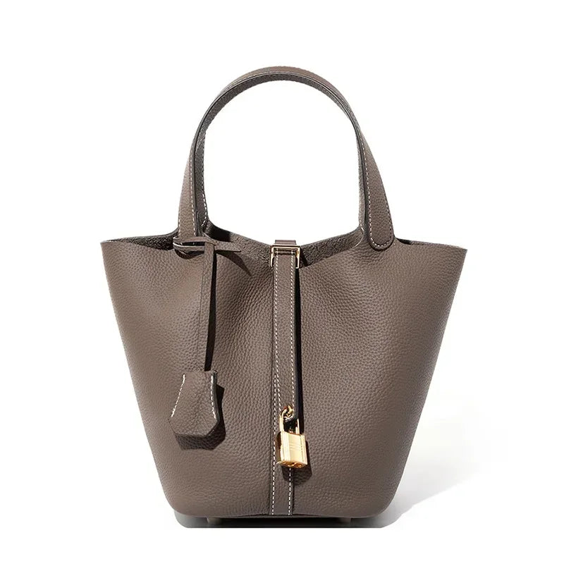 2025 Casual Fashion Female Genuine Leather Bucket Bag Luxury Handbag High-End Tote Bag Woman Cow Leather Mommy Bag & Metal Lock-41