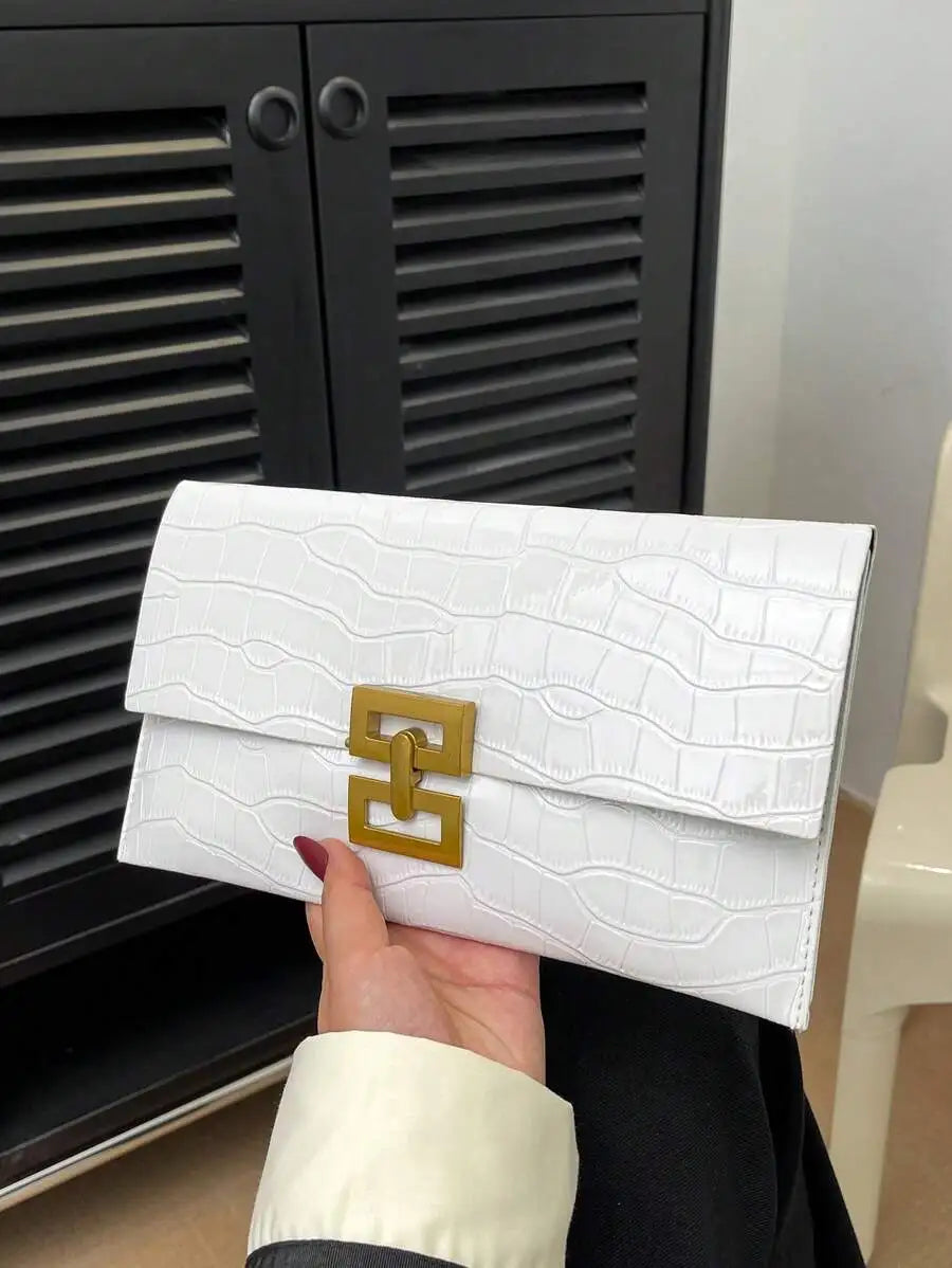 Red Crocodile Texture Clutch Bag With Gold Tone Lock Closure For Evening Party-7