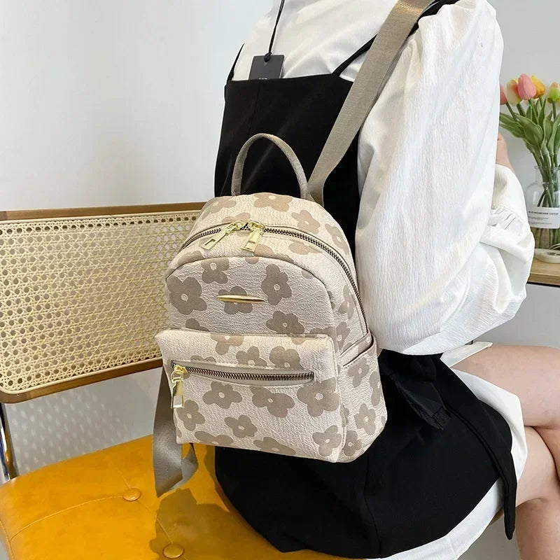 Floral Mini PU Backpack Small Capacity Multi Function PU Leather Double Shoulder School Travel Young Ladies Soft Sweet Bag