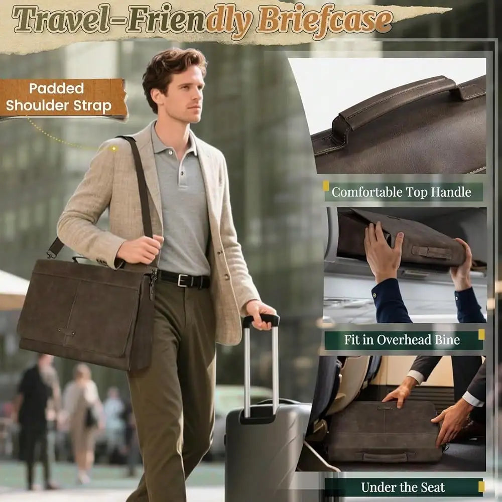 Vintage Flap Messenger Bag For Men PU Leather Laptop Bag 15.6 Inch Mens Briefcase Waterproof Satchel Computer Bag-10