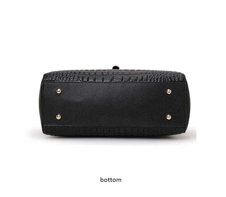 Classic Black Croc Print Cow Leather Handbag Ladies Metal Twist Lock Tote Bag With Detachable Crossbody Shoulder Strap-17