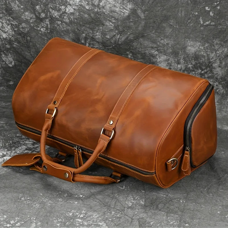 Crazy Horse Leather Real Leather Travel Bag Christmas Vacation Luggage Handbag Tote Bag Cowhide Real Leather with Shoe Compartment Travel Bag-17