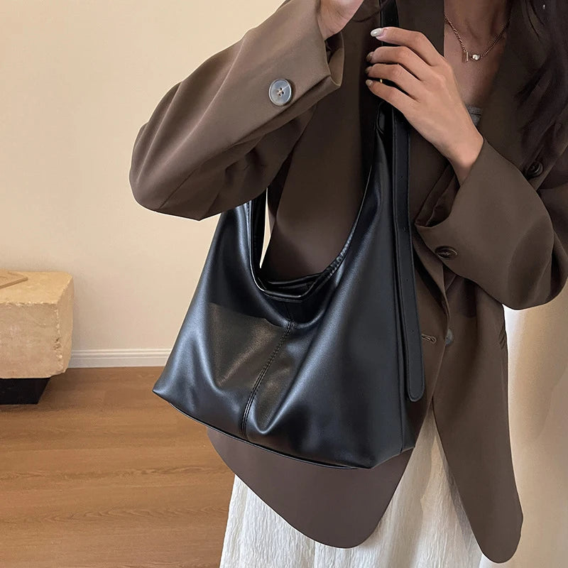 Women Hobo Bag Simple PU Leather Solid Shoulder Bag Fashion Large Capacity Tote Handbag Slouchy Underarm Bag-5