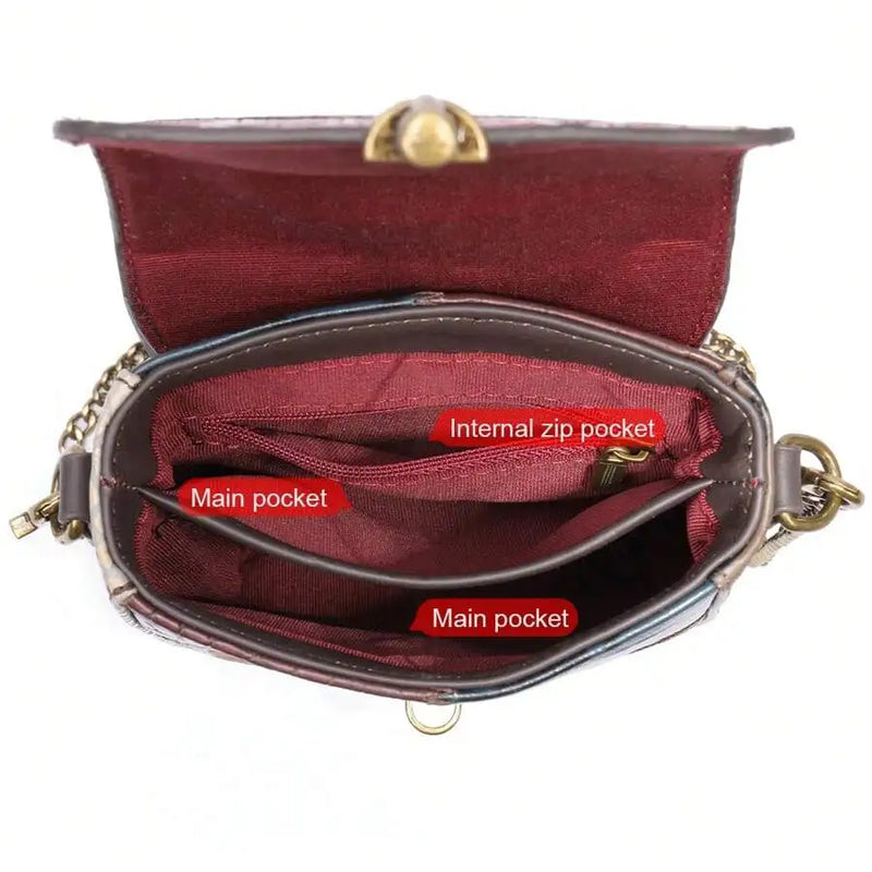 Genuine Leather Bag Female Niche New Ladies Crocodile Pattern Folk Style Shoulder Crossbody Personalized Casual Cowhide Splicing Chain Cell Phone Bag Commuter All Seasons-4