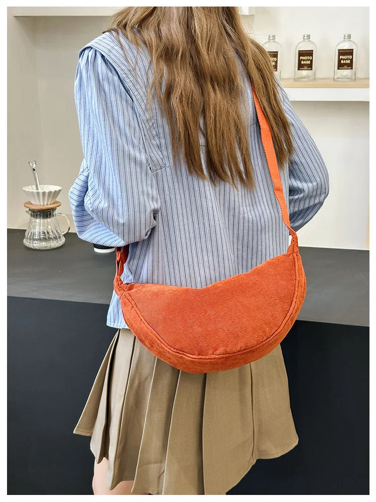 Solid Color Corduroy Women's Hobos Shoulder Bag Retro Casual Female Crossbody Bags Ladies Daily Travel Handbags Messenger Bag-35