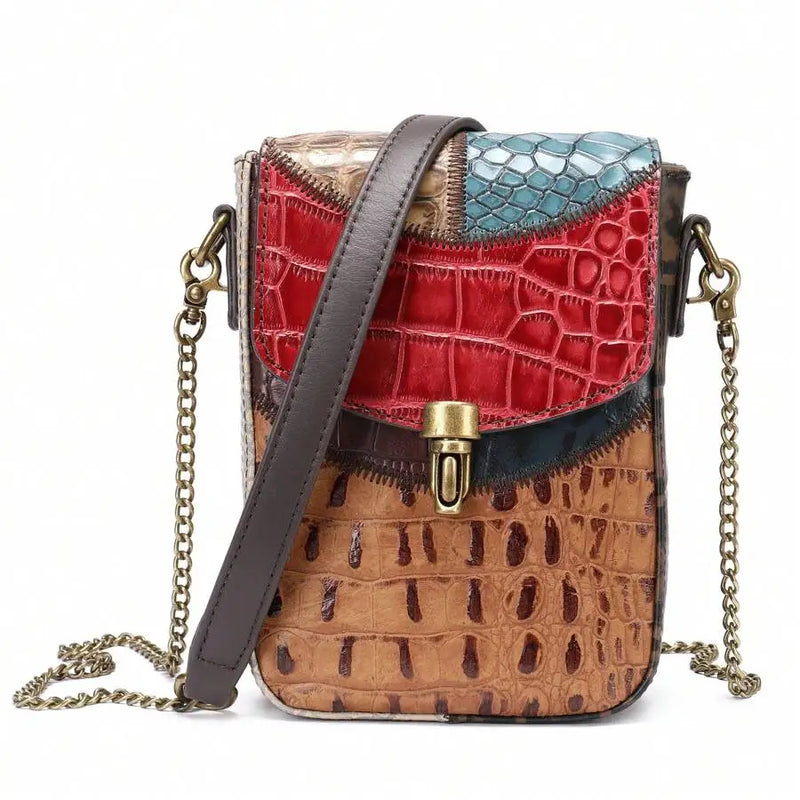 Genuine Leather Bag Female Niche New Ladies Crocodile Pattern Folk Style Shoulder Crossbody Personalized Casual Cowhide Splicing Chain Cell Phone Bag Commuter All Seasons-1