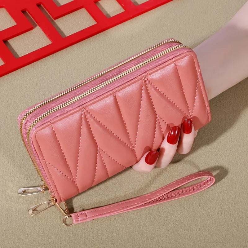 Classic Ladies Double Zip Long Wallet, Casual Style, Faux Leather, Card Holder and Change Bag, Nylon Lined, Zip Pocket-11