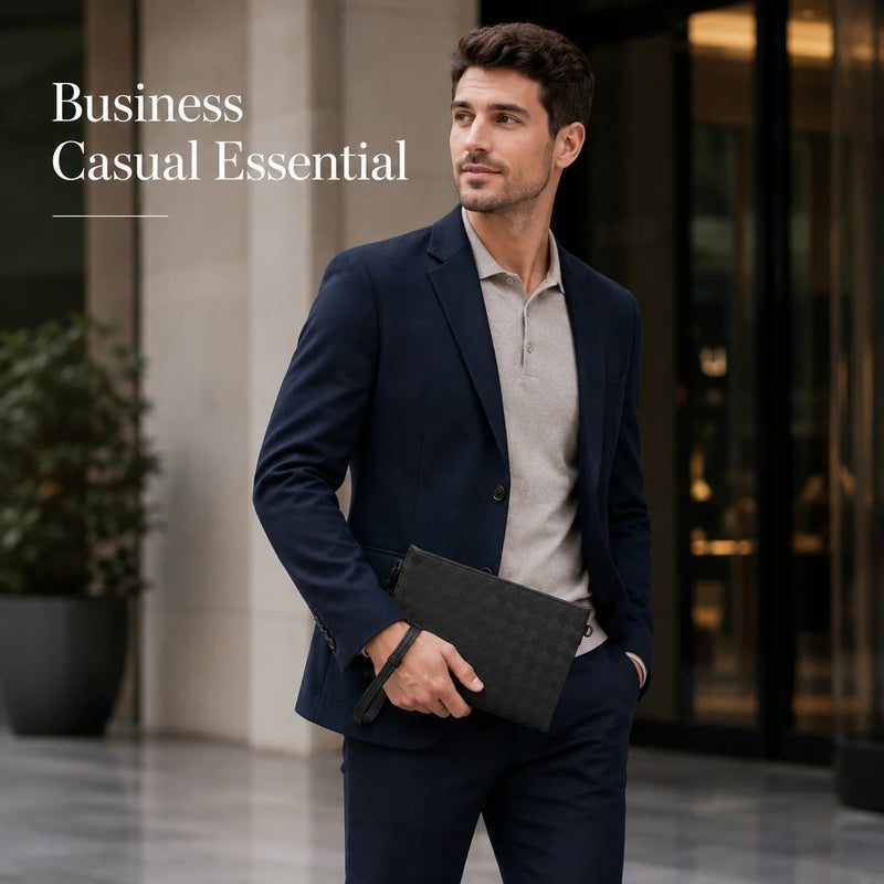 Men's Clutch Bag Luxury Designer Woven Leather Wristlet Handbag Black Business Envelope Purse Large Capacity Zipper Premium Hand Bag For Man Daily & Office Use-7