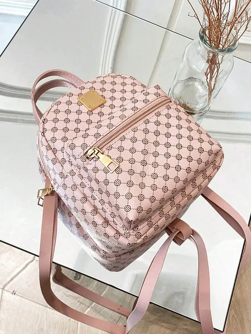 Womens Mini Printed Faux Leather Backpack With Adjustable Strap Casual Zipper Bag Pink-1