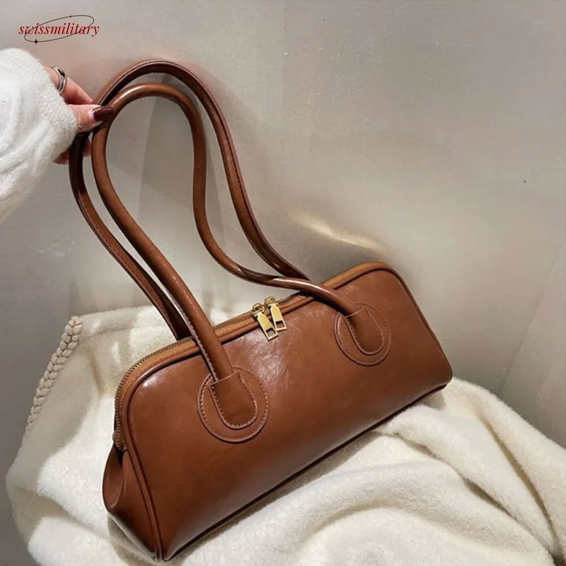 2025 New Boston Pillow Tote Women Real Leather Retro Bowling Bag Designer Handbag Large Capacity Crossbody Bags #54-31