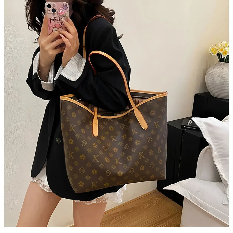 Vintage large tote bag, natural brown leather, double top handles, roomy shoulder bag.-4