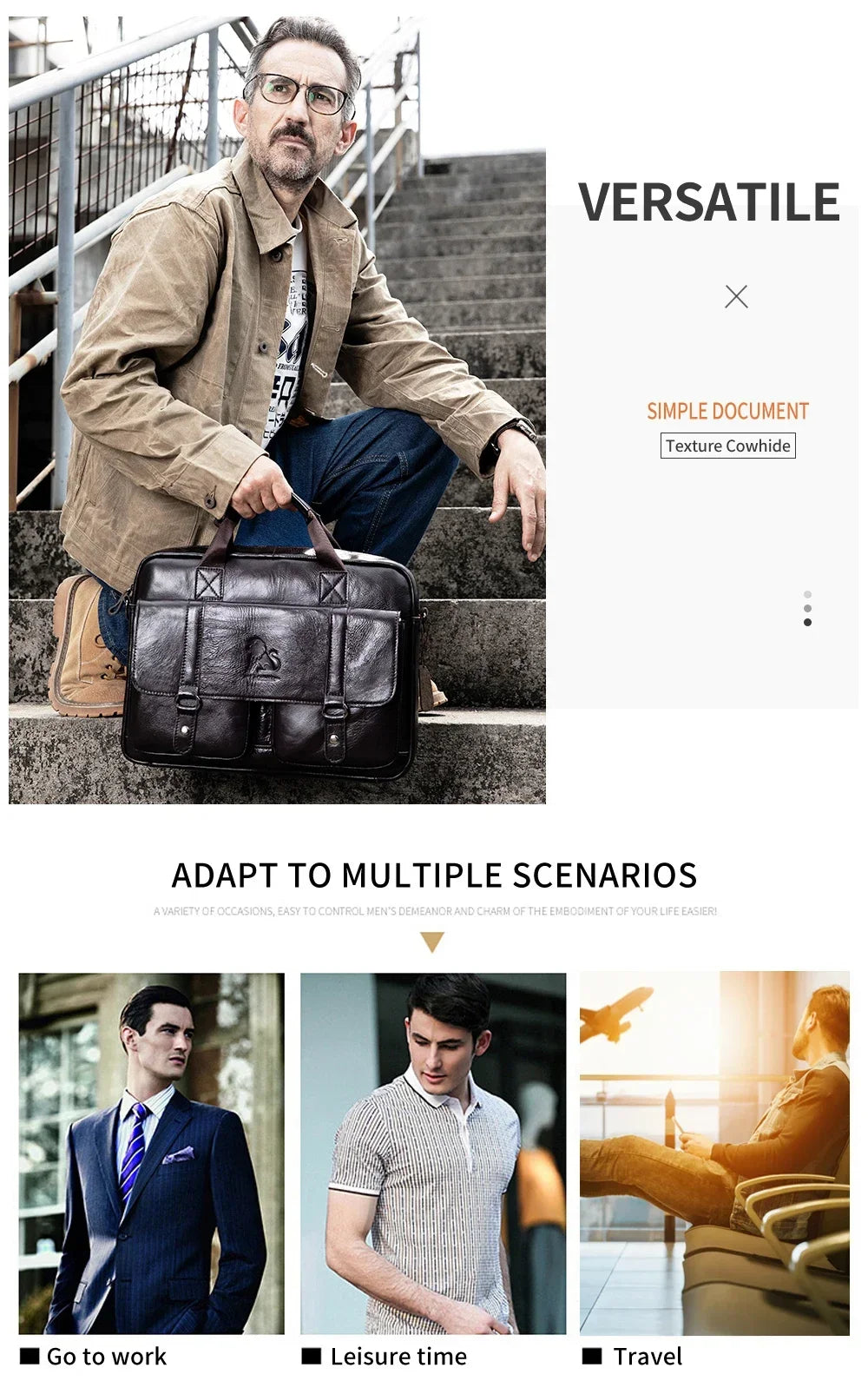 Genuine Leather Men Briefcase Double Front Pockets Large Capacity Laptop Bag Diagonal Cross Shoulder Handbag-8