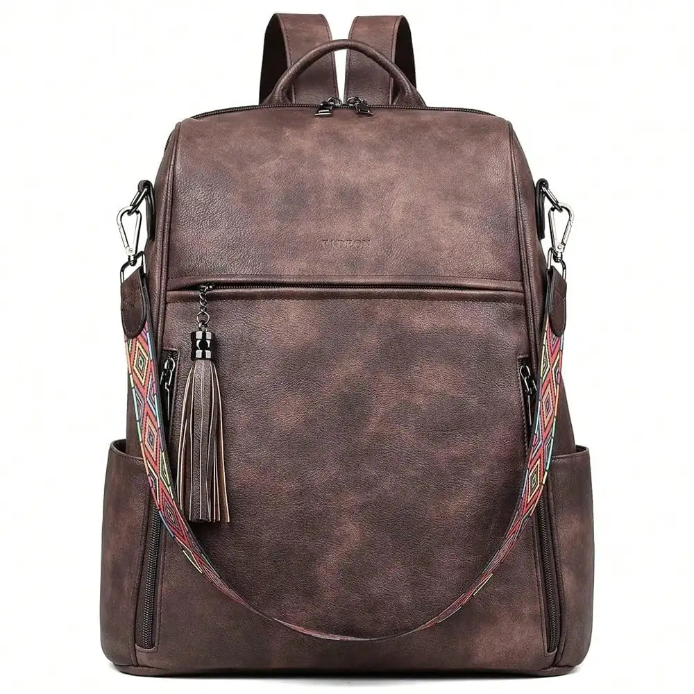 Leather Laptop Backpack For Women Designer 15.6 Inch PU Laptop Bag, Ladies Travel Computer Work Backpack Brown-23