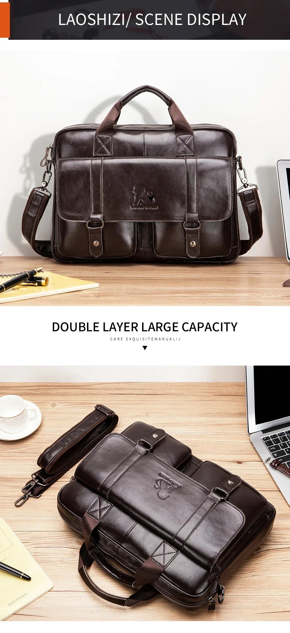 Genuine Leather Men Briefcase Double Front Pockets Large Capacity Laptop Bag Diagonal Cross Shoulder Handbag-13
