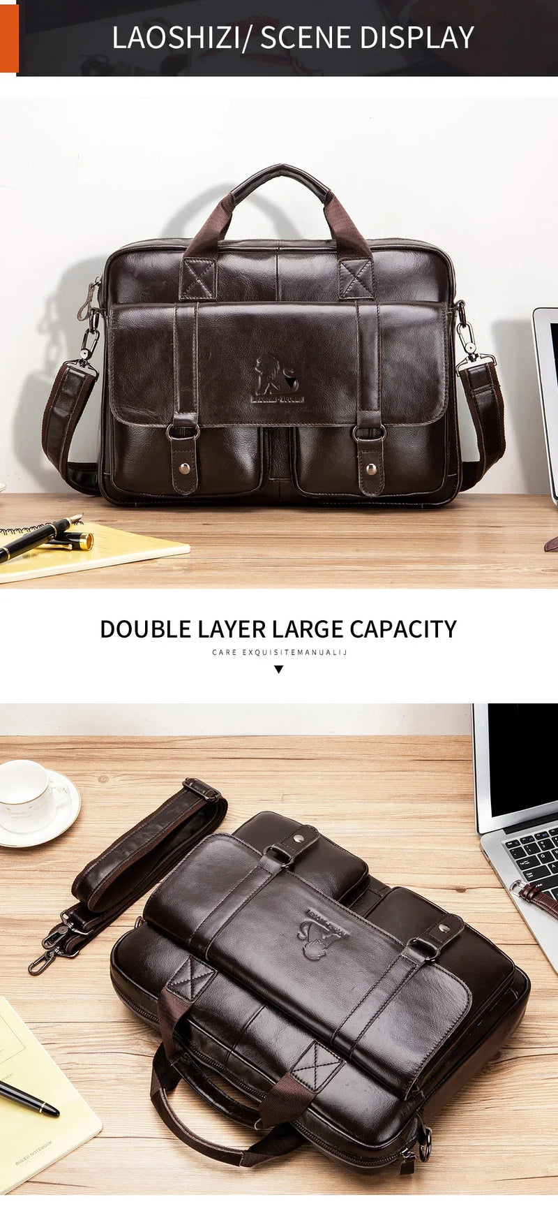Genuine Leather Men Briefcase Double Front Pockets Large Capacity Laptop Bag Diagonal Cross Shoulder Handbag-13