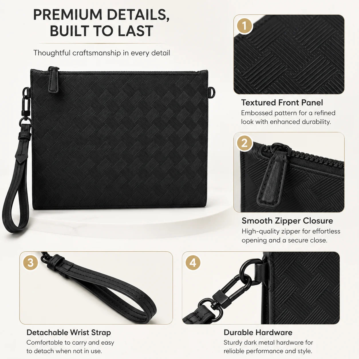 Men's Clutch Bag Luxury Designer Woven Leather Wristlet Handbag Black Business Envelope Purse Large Capacity Zipper Premium Hand Bag For Man Daily & Office Use-10