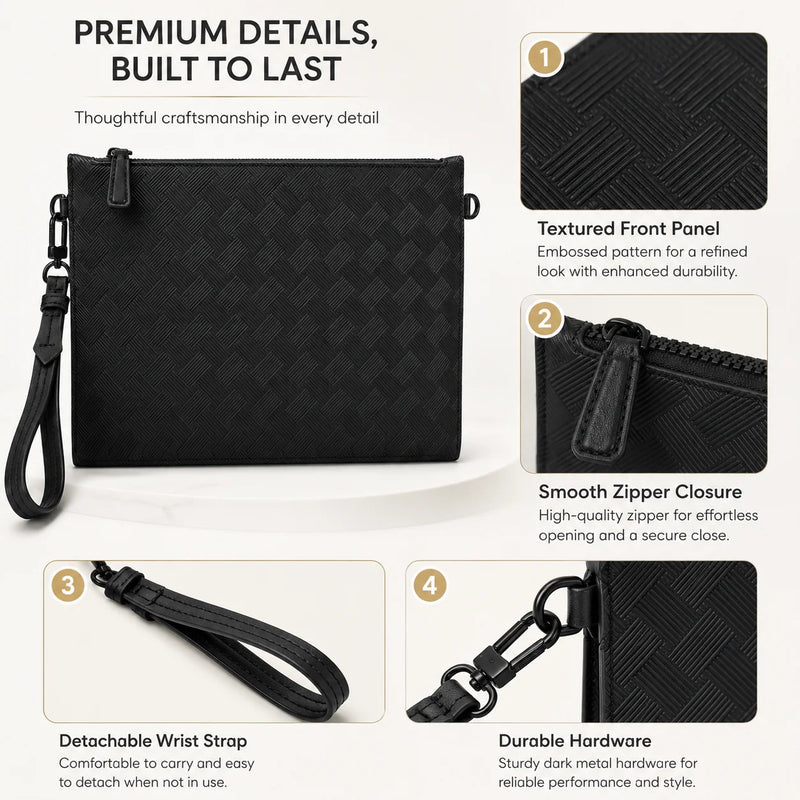 Men's Clutch Bag Luxury Designer Woven Leather Wristlet Handbag Black Business Envelope Purse Large Capacity Zipper Premium Hand Bag For Man Daily & Office Use-10