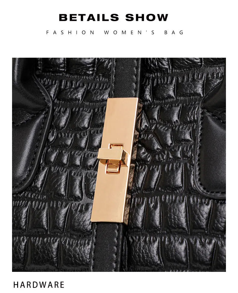 Classic Black Croc Print Cow Leather Handbag Ladies Metal Twist Lock Tote Bag With Detachable Crossbody Shoulder Strap-19