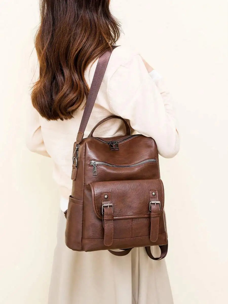 Womens PU Leather Backpack Multi-Functional Waterproof Compact Bag For Work Travel-4