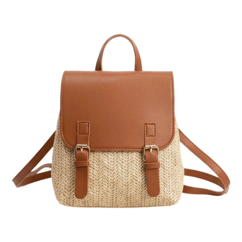 Fashion PU Leather Straw Backpack Retro Design Elegant Look Woven Backpack Luxury Vintage Style Satchel Bag All-match Style-1