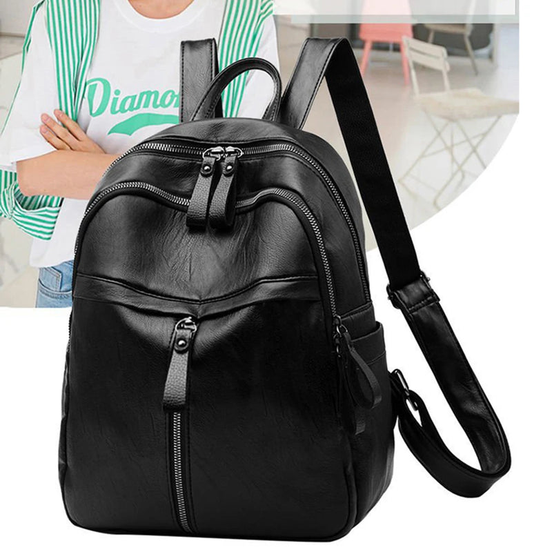 Popular Women Large Capacity Travel Knapsacks Solid Color PU Leather Shoulder Backpacks  Zipper Rucksack-12