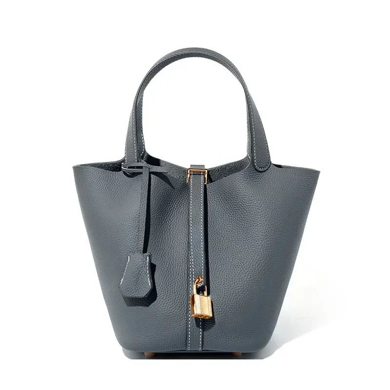 2025 Casual Fashion Female Genuine Leather Bucket Bag Luxury Handbag High-End Tote Bag Woman Cow Leather Mommy Bag & Metal Lock-40