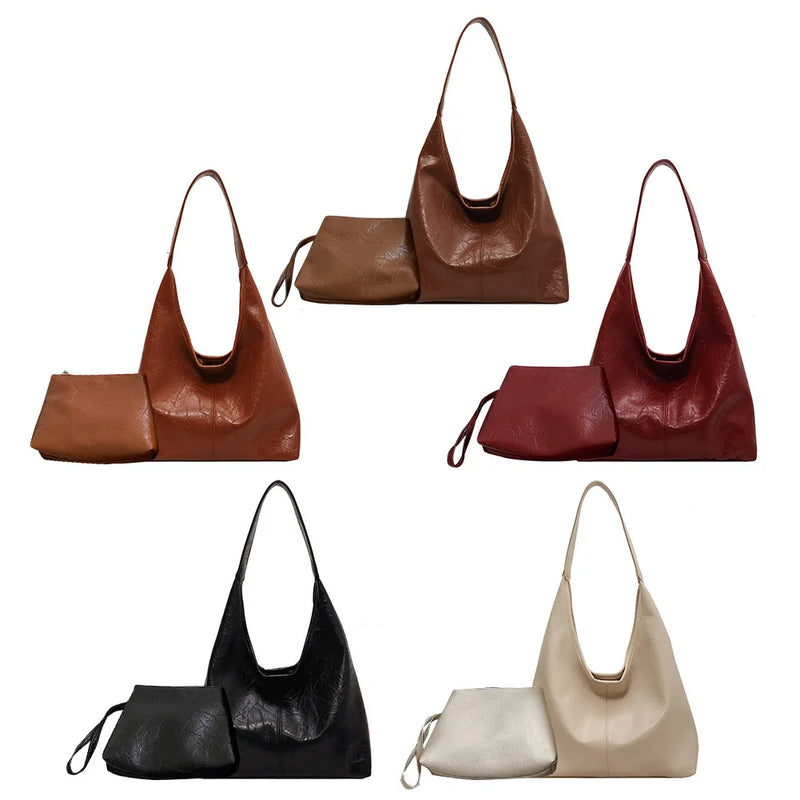 Women Leather Shoulder Bag Versatile Soft Underarm Bag Soft Hobo Bag and Clutch 2pcs Shoulder Bag and Handbag Set Shopping Bag-1