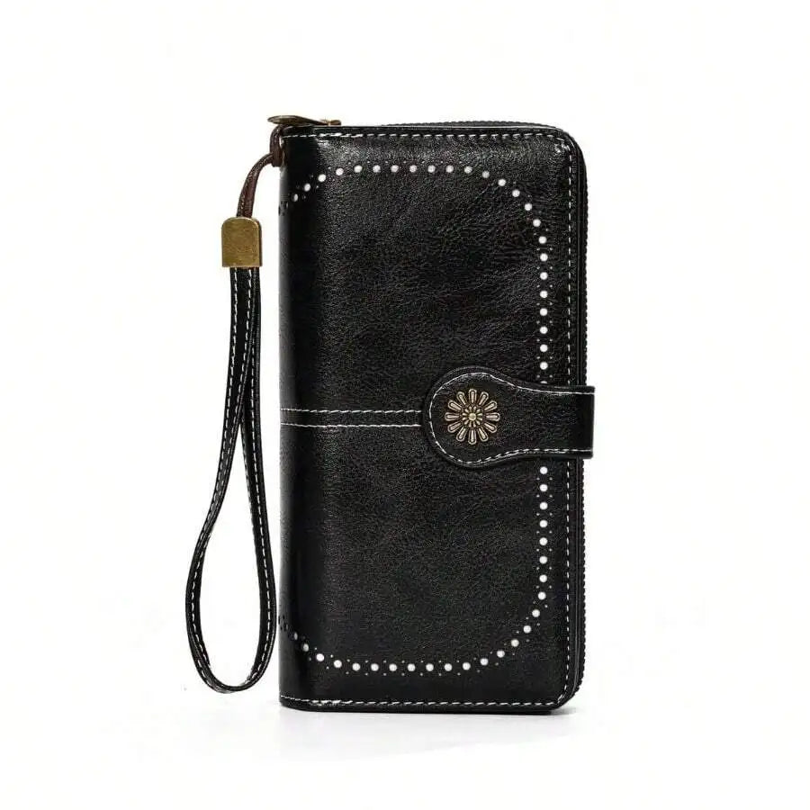 PU Leather Womens Long Wallet With Wrist Strap Large Capacity Coin Purse Card Holder Clutch Bag