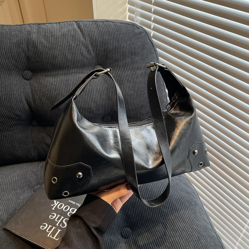 Women Retro Rivet Shoulder Bag PU Leather Fashion Underarm Bag Large Capacity Soft Leather Armpit Bag Female Travel Handbag-10