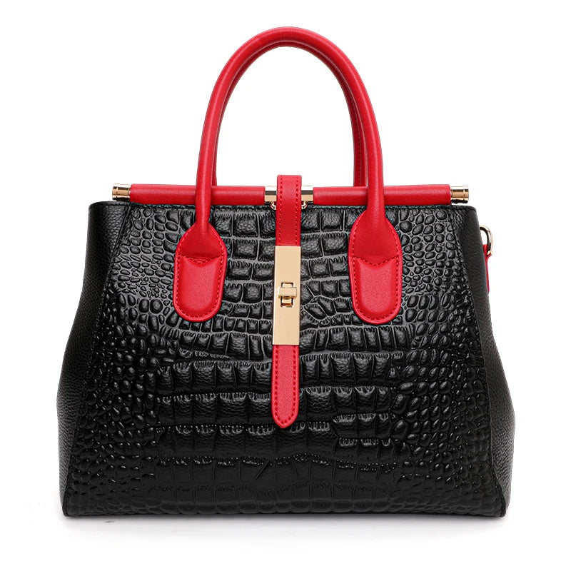 New Croc Texture Cowhide Tote Bag Women Red Contrast Handle Metal Lock Adjustable Crossbody Daily Handbag-21