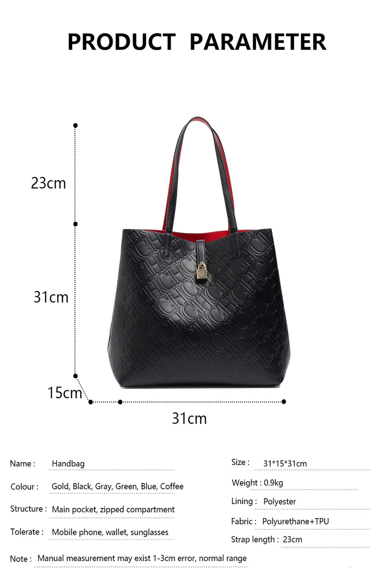 CH Women Shoulder Bag Black Large Tote Bag Embossed Pattern Fashion Handbag PU Leather Top Handle Purse Casual Daily Work Travel Bag-6