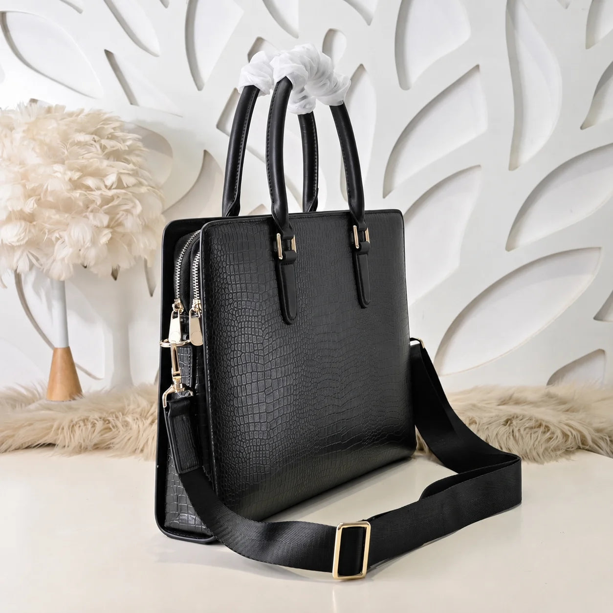 Luxury Mens Top-Handle Bags Leather Briefcase Crocodile Print Men Handbag Gold Hardware Business Office Shoulder Crossbody Bag Male Work Bag-2