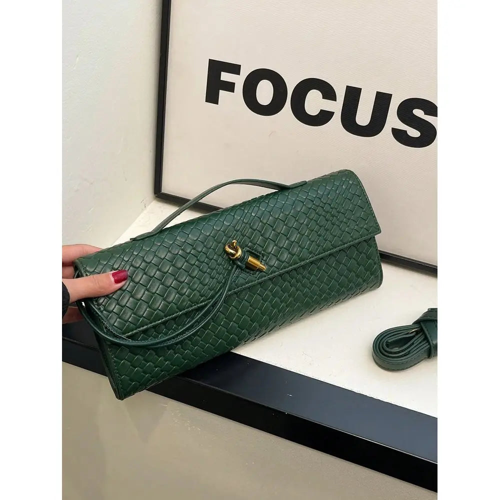 Premium Solid Color PU Woven Texture Clutch Bag, Crossbody Design