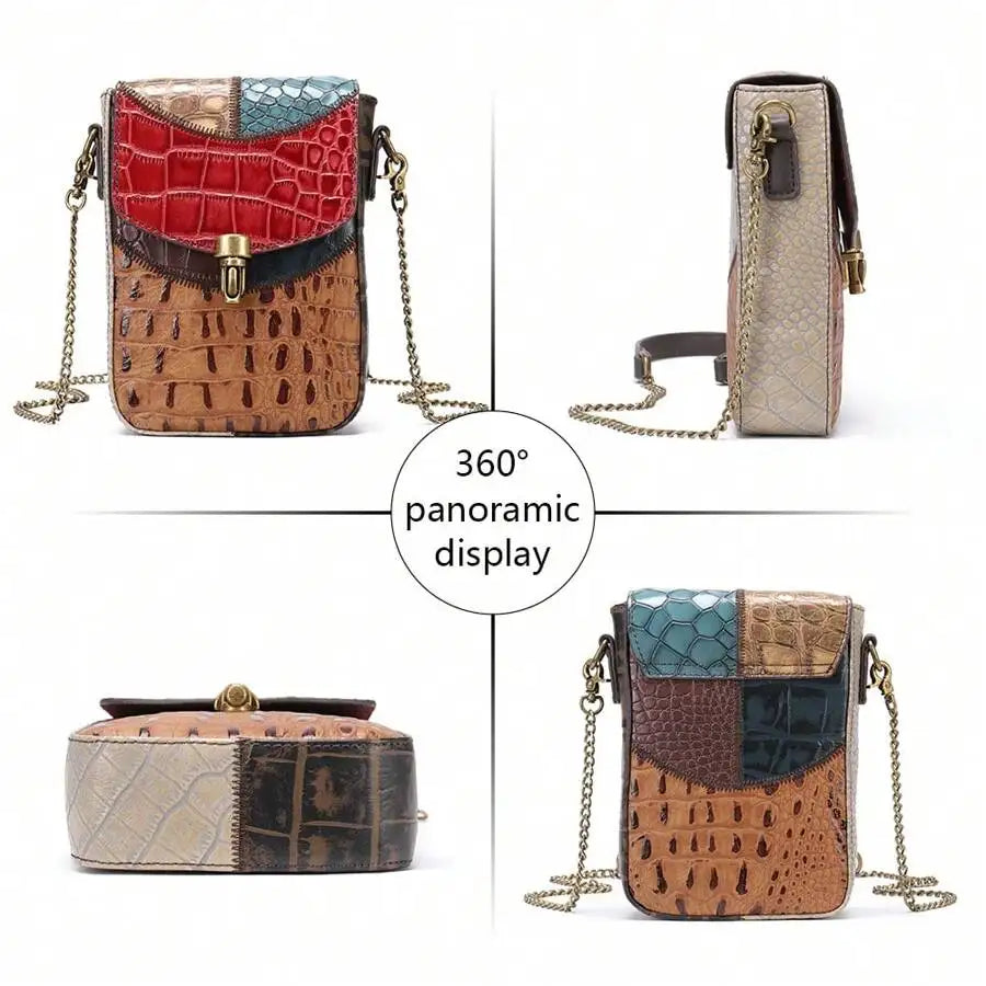 Genuine Leather Bag Female Niche New Ladies Crocodile Pattern Folk Style Shoulder Crossbody Personalized Casual Cowhide Splicing Chain Cell Phone Bag Commuter All Seasons-6